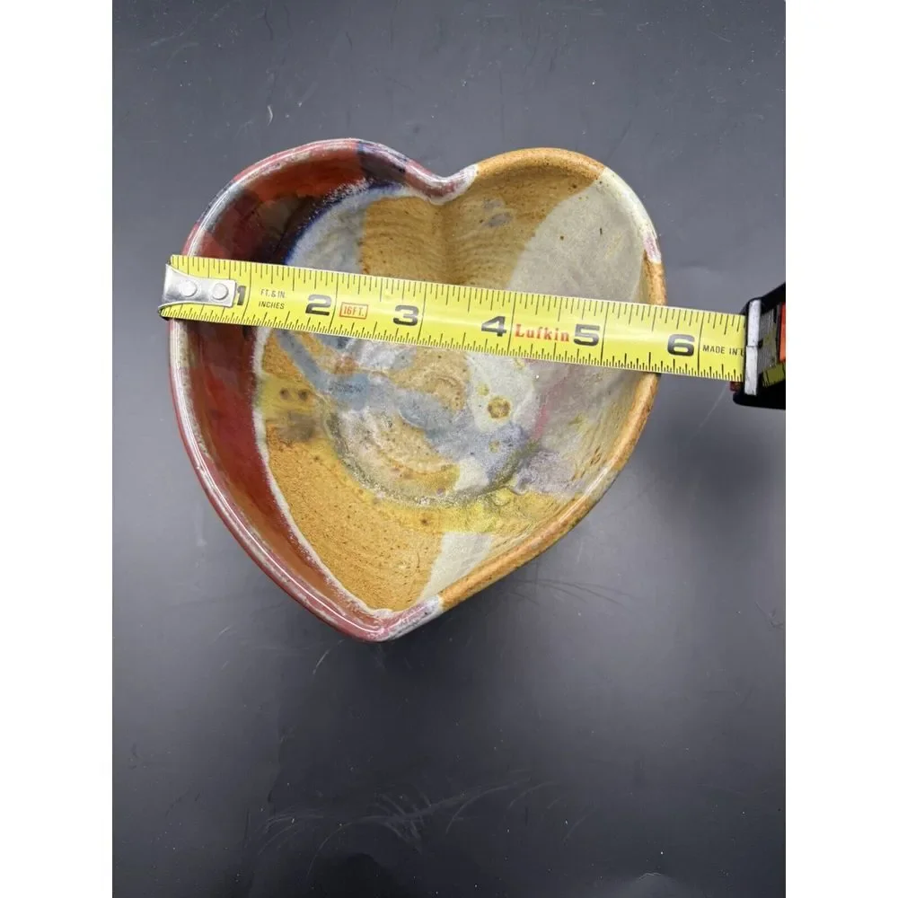 Heart Shaped Stoneware‎ Pottery Bowl Signed Glazed Multicolor Drip
